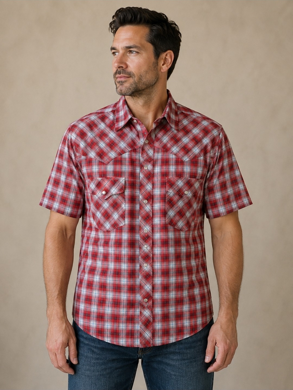 Wrangler Red Plaid Short-Sleeve Button-Down Shirt